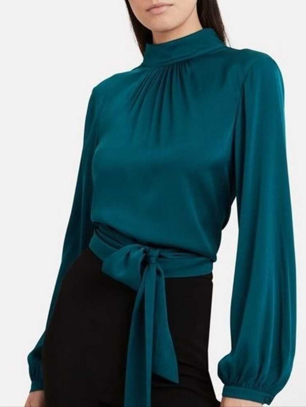 INTERMIX Silk Teal High-Neck Long-Sleeve Tie-Waist Blouse 2